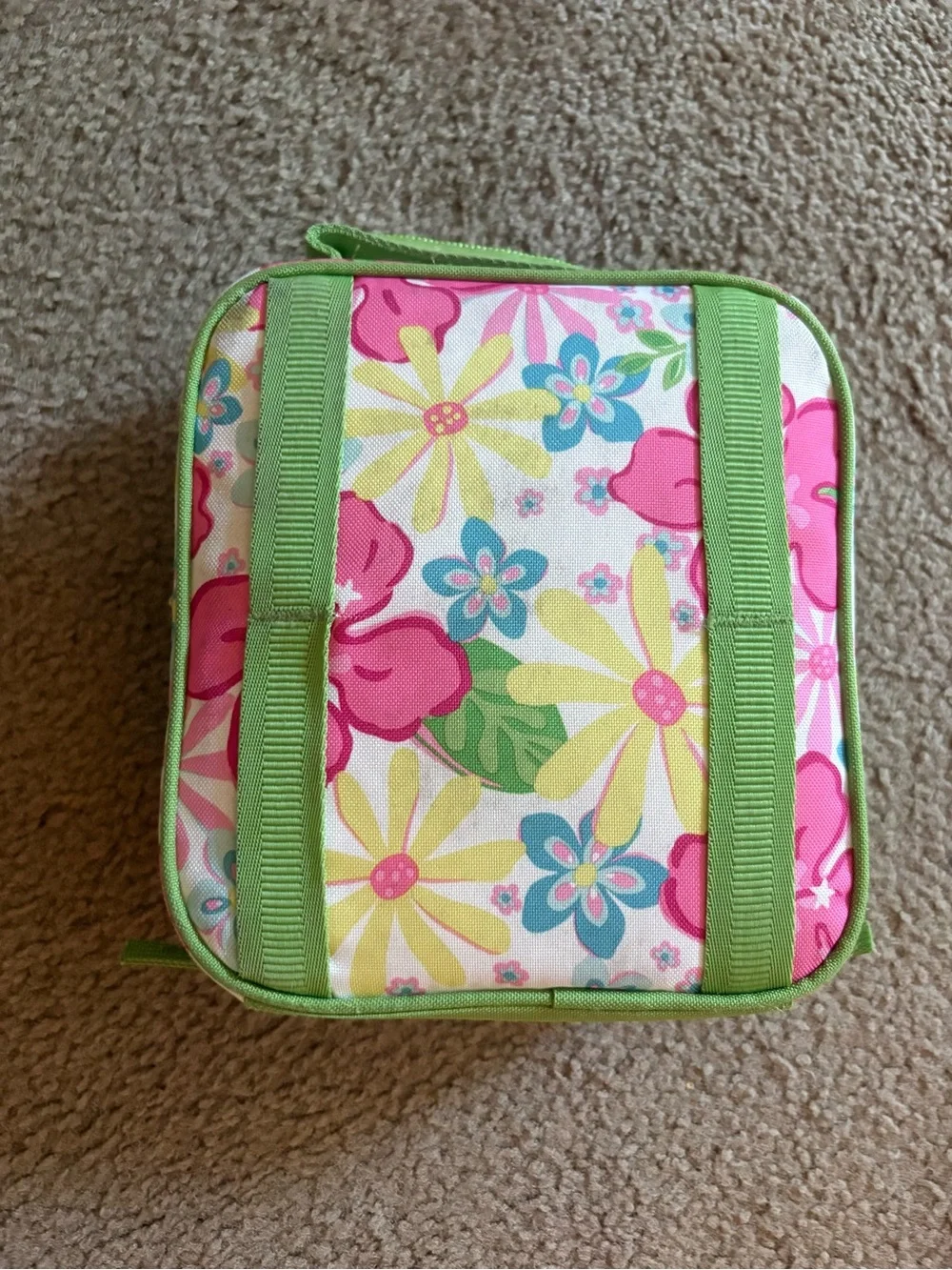 Pottery Barn Kids Pink Floral Backpack with Green Trim and Matching Lunch Bag